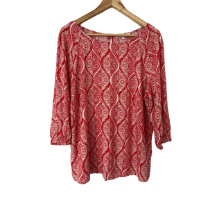 CLEO RED AND WHITE PAISLEY 100% RAYON TOP BLOUSE WITH ELASTICATED SLEEVES, LARGE